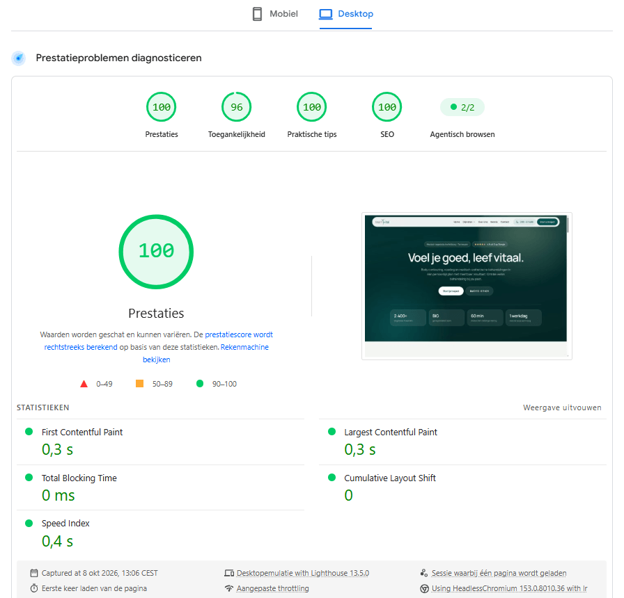 Uitslag van PageSpeed Insights op desktop voor de website van TeamVital: 100 voor prestaties en 100 voor SEO, de technische basis van zoekmachine optimalisatie