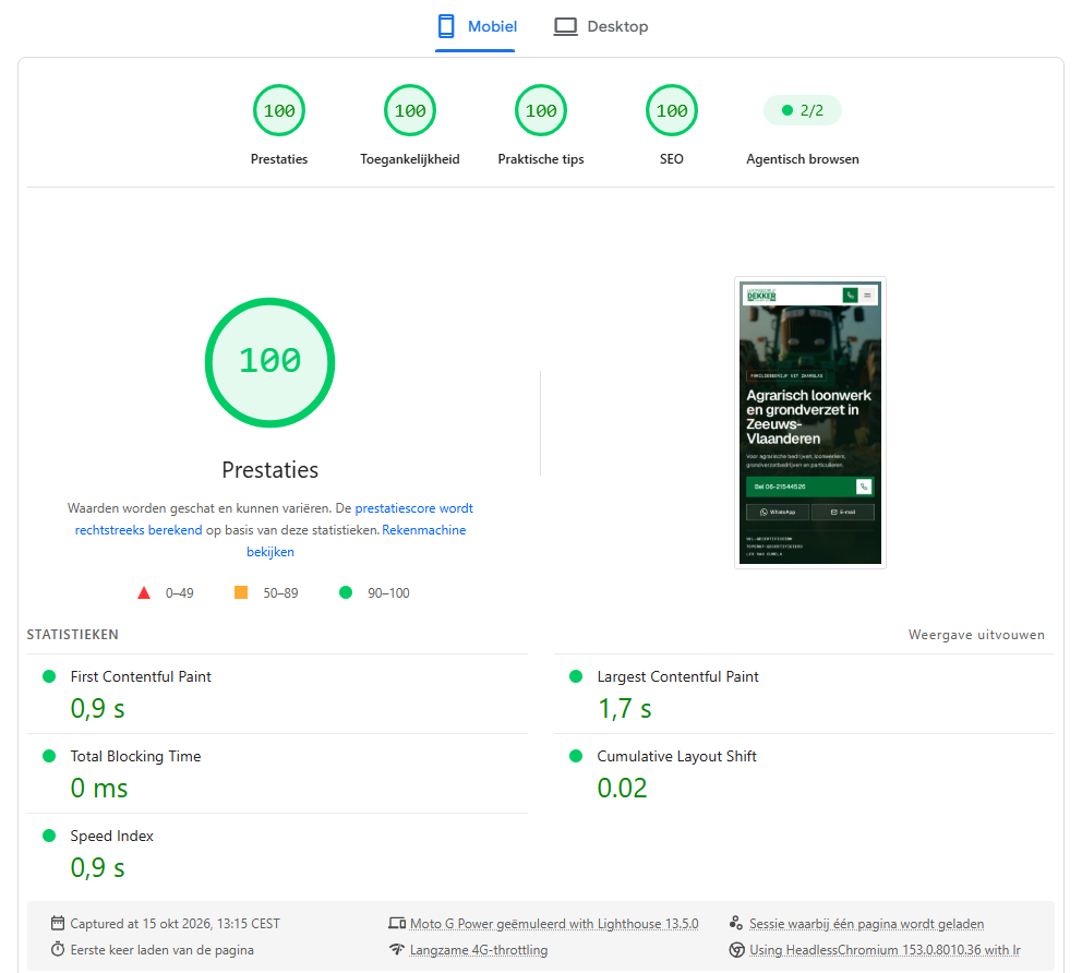 Uitslag van PageSpeed Insights op mobiel voor de website van Loonbedrijf Dekker: 100 voor prestaties, toegankelijkheid, best practices en SEO