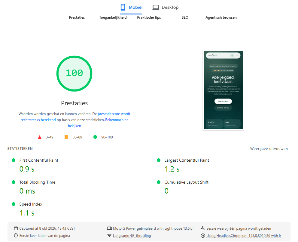 Uitslag van PageSpeed Insights op mobiel voor de website van Team Vital: 100 punten voor prestaties, met de meetwaarden van de labtest