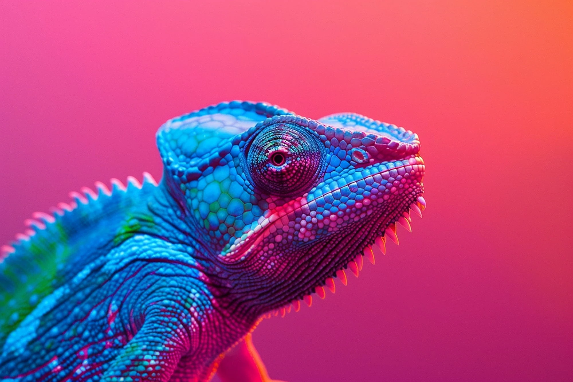 Kameleon in blauw en roze tegen een roze achtergrond, sfeerbeeld voor maatwerk websites van Zeeuwsweb