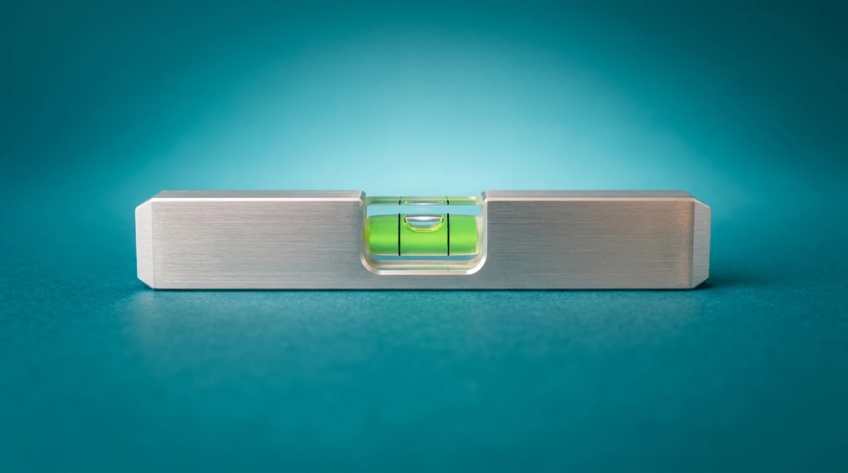 Een aluminium waterpas met de luchtbel in het midden, op een turquoise achtergrond, als beeld bij een professionele website