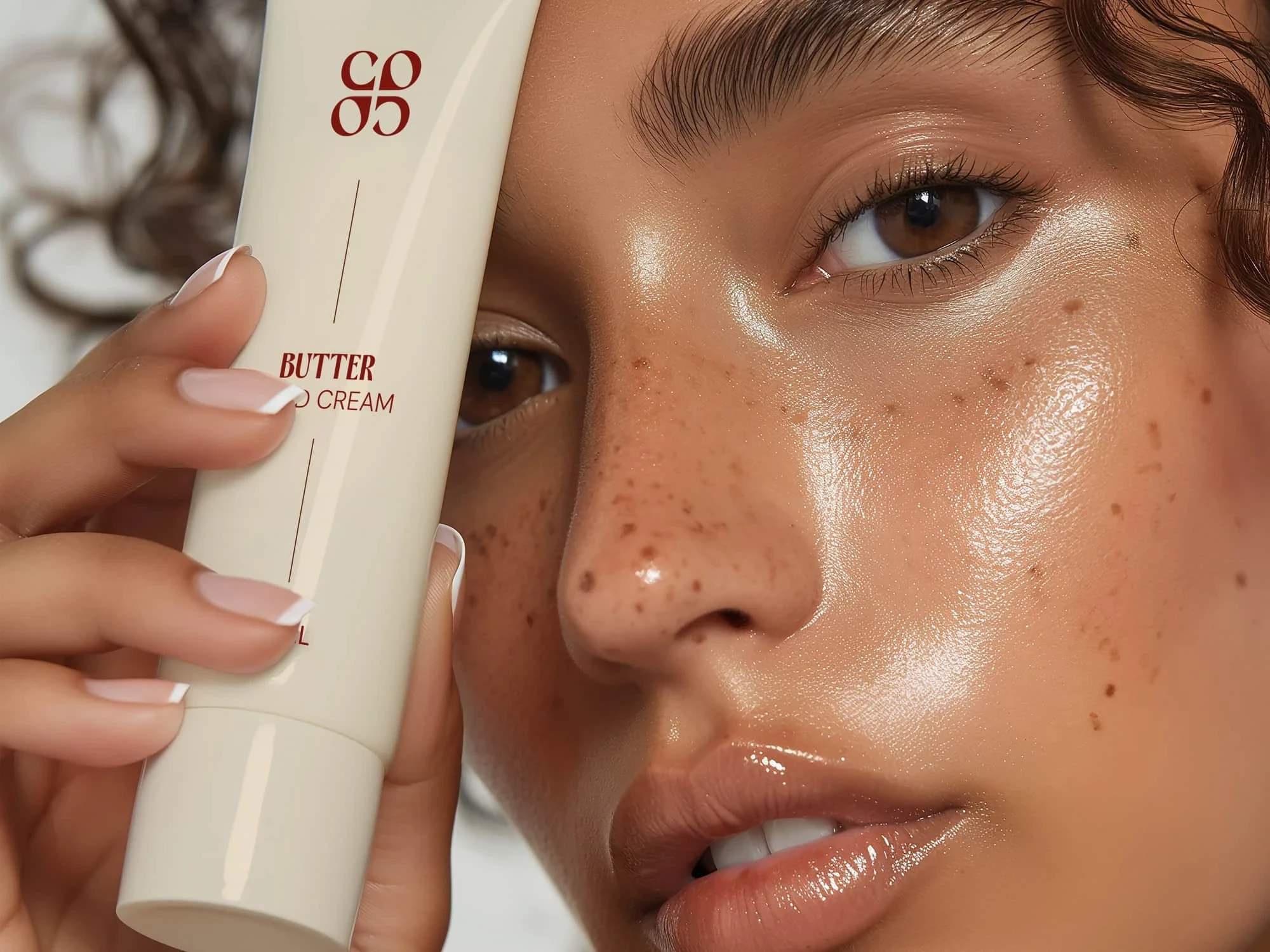 Project Coco Nouveau van Zeeuwsweb: model houdt een tube handcrème met het merkteken van Coco Nouveau naast haar gezicht