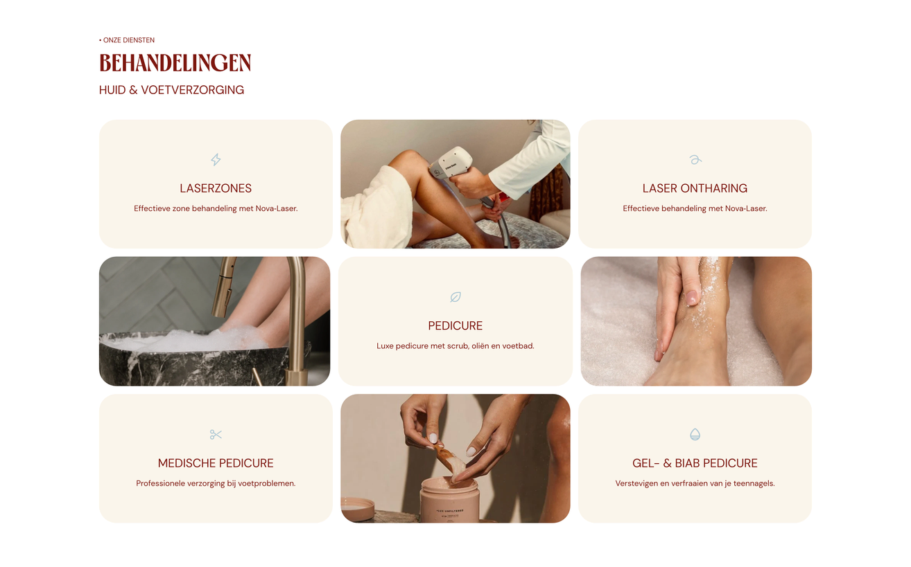 Project Coco Nouveau van Zeeuwsweb: de sectie Behandelingen, met laserontharing en pedicure tussen sfeerfoto’s