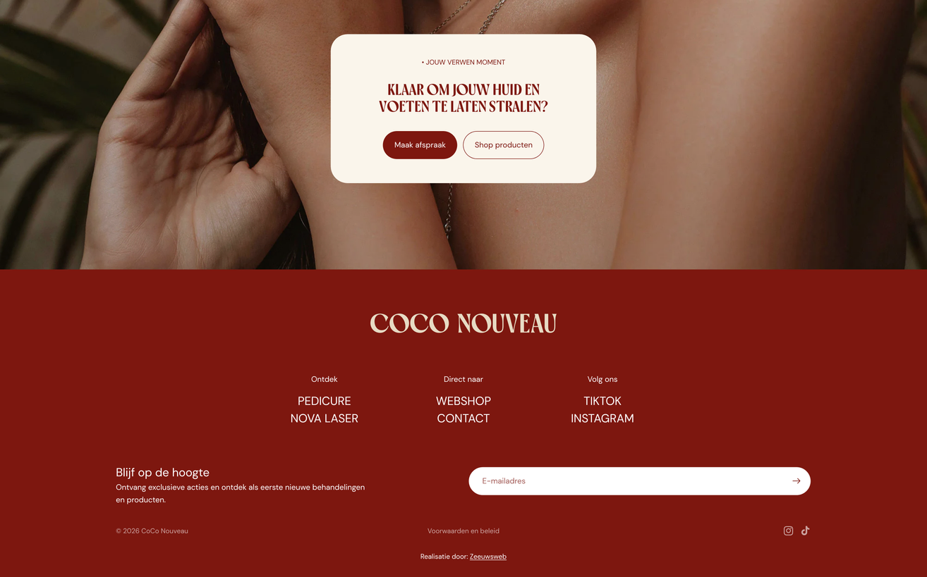 Project Coco Nouveau van Zeeuwsweb: de afsluitende oproep om een afspraak te maken en de rode footer met de merknaam