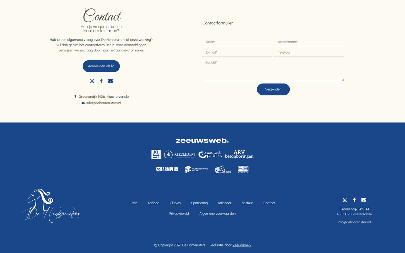 Project De Honteruiters van Zeeuwsweb: het contactblok en de footer met de sponsoren per sponsorniveau