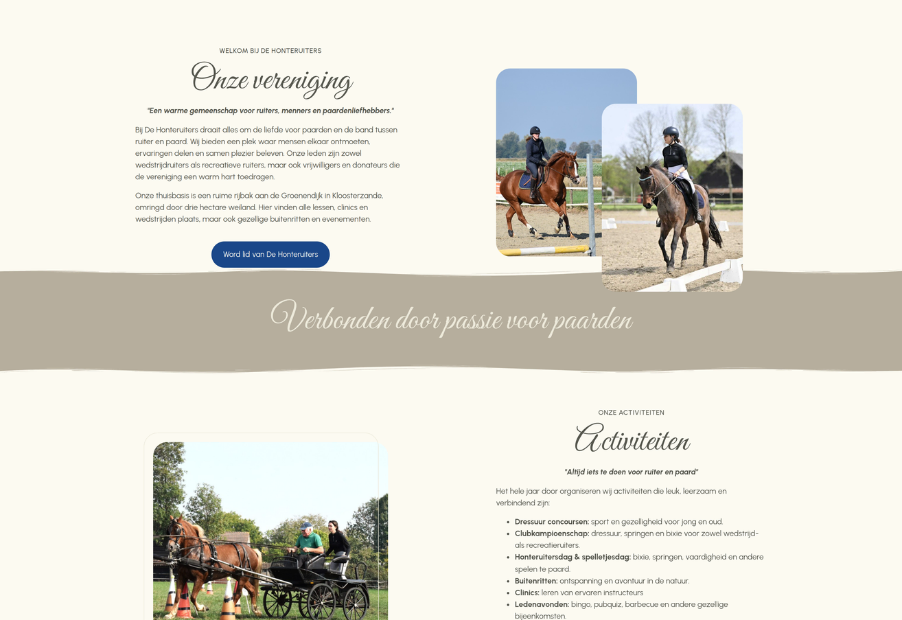Project De Honteruiters van Zeeuwsweb: de sectie Onze vereniging met twee foto's van ruiters in de rijbak