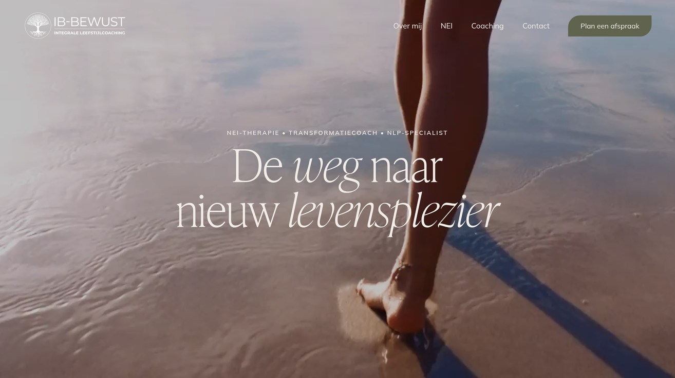 Project IB-BEWUST van Zeeuwsweb: de homepage met de kop De weg naar nieuw levensplezier boven een video van het strand