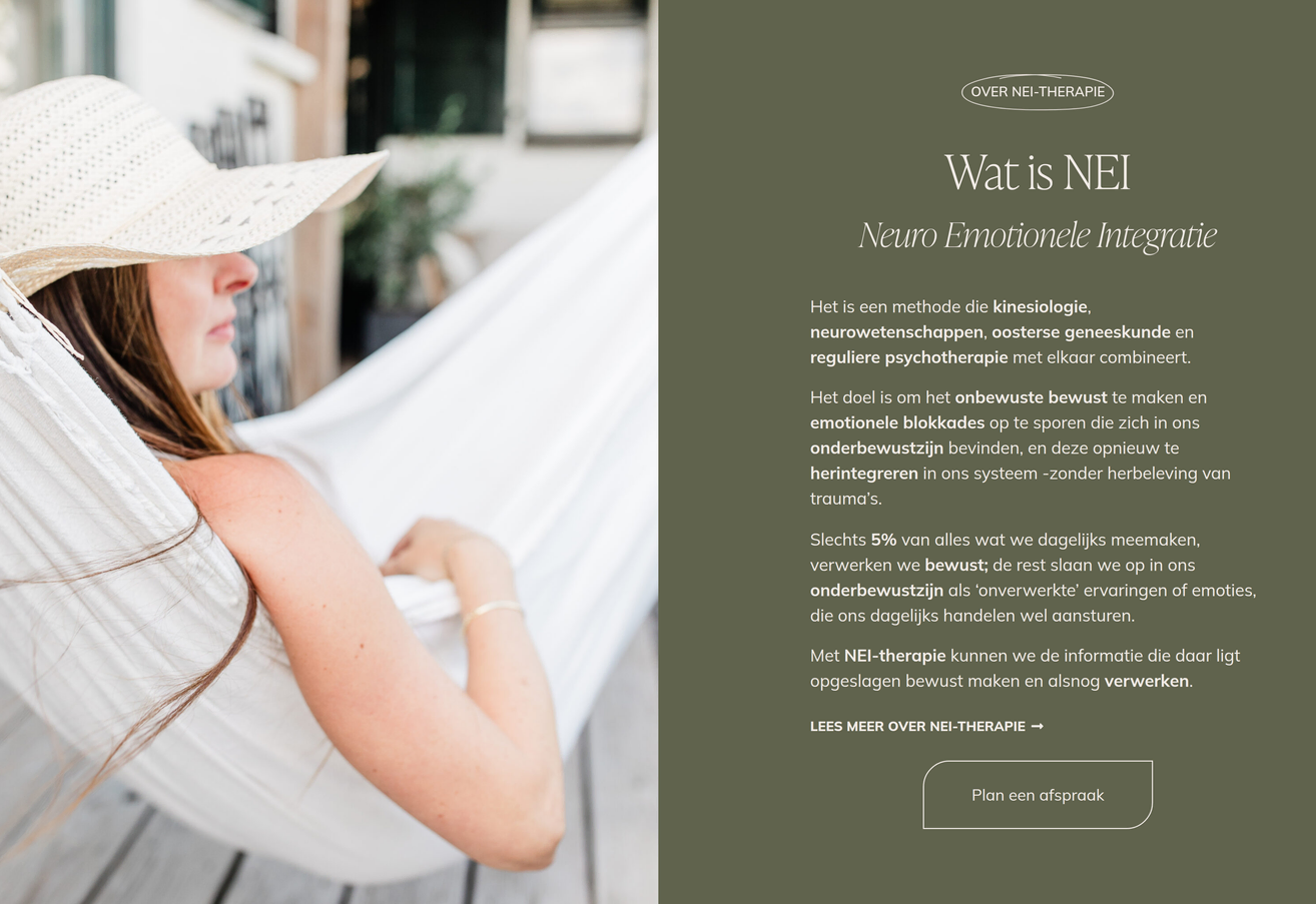 Project IB-BEWUST van Zeeuwsweb: de sectie Wat is NEI, met een foto van een vrouw in een hangmat naast de uitleg