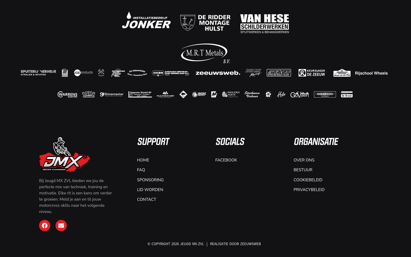 Project Jeugd MX ZVL van Zeeuwsweb: de footer met de sponsoren in rijen per sponsorniveau, boven het logo en de menu’s