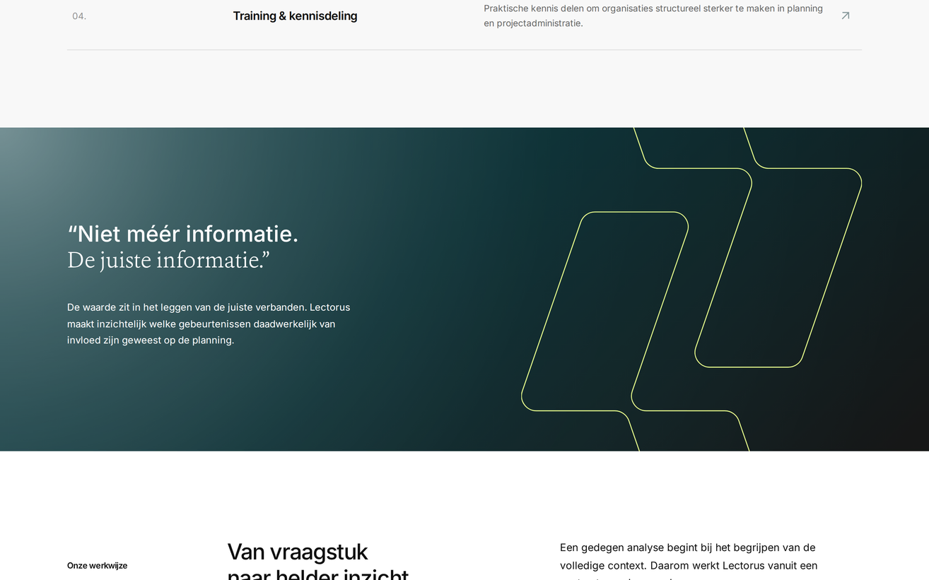Project Lectorus van Zeeuwsweb: groene contour van het logo-icoon die zich tekent naast het citaat op de homepage