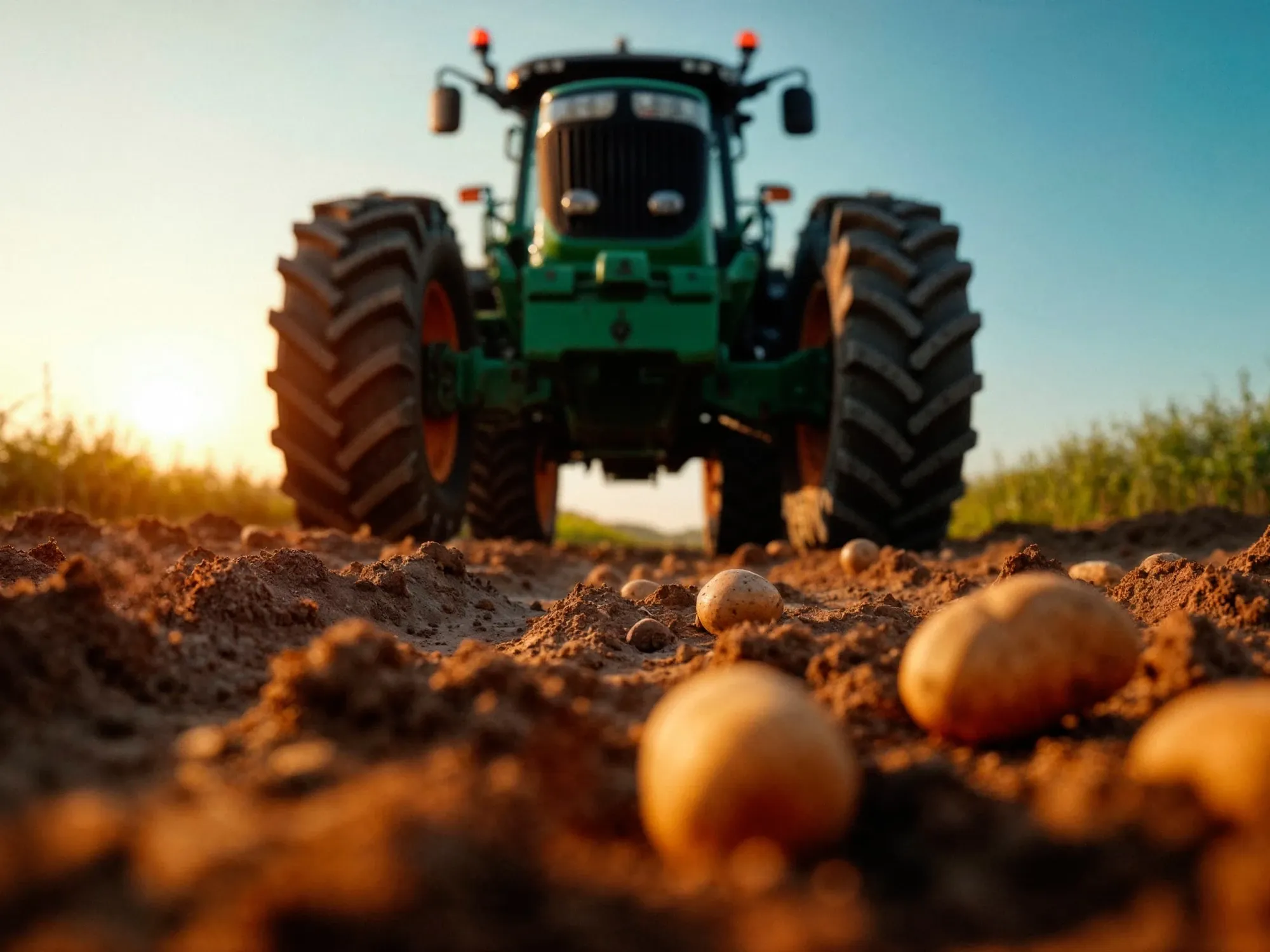 Project Loonbedrijf Dekker van Zeeuwsweb: groene trekker op de akker bij zonsondergang, met aardappels op de voorgrond