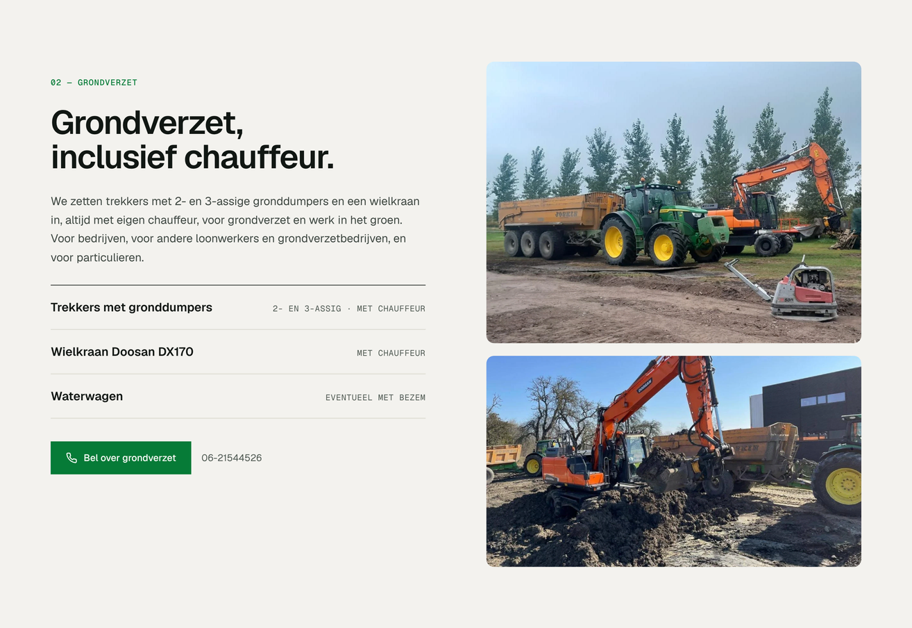Project Loonbedrijf Dekker van Zeeuwsweb: de dienst Grondverzet, met trekkers met gronddumpers en een wielkraan aan het werk