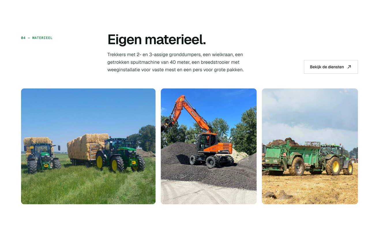 Project Loonbedrijf Dekker van Zeeuwsweb: Eigen materieel op de pagina Over ons, met trekkers met stro, een wielkraan en een mestverspreider