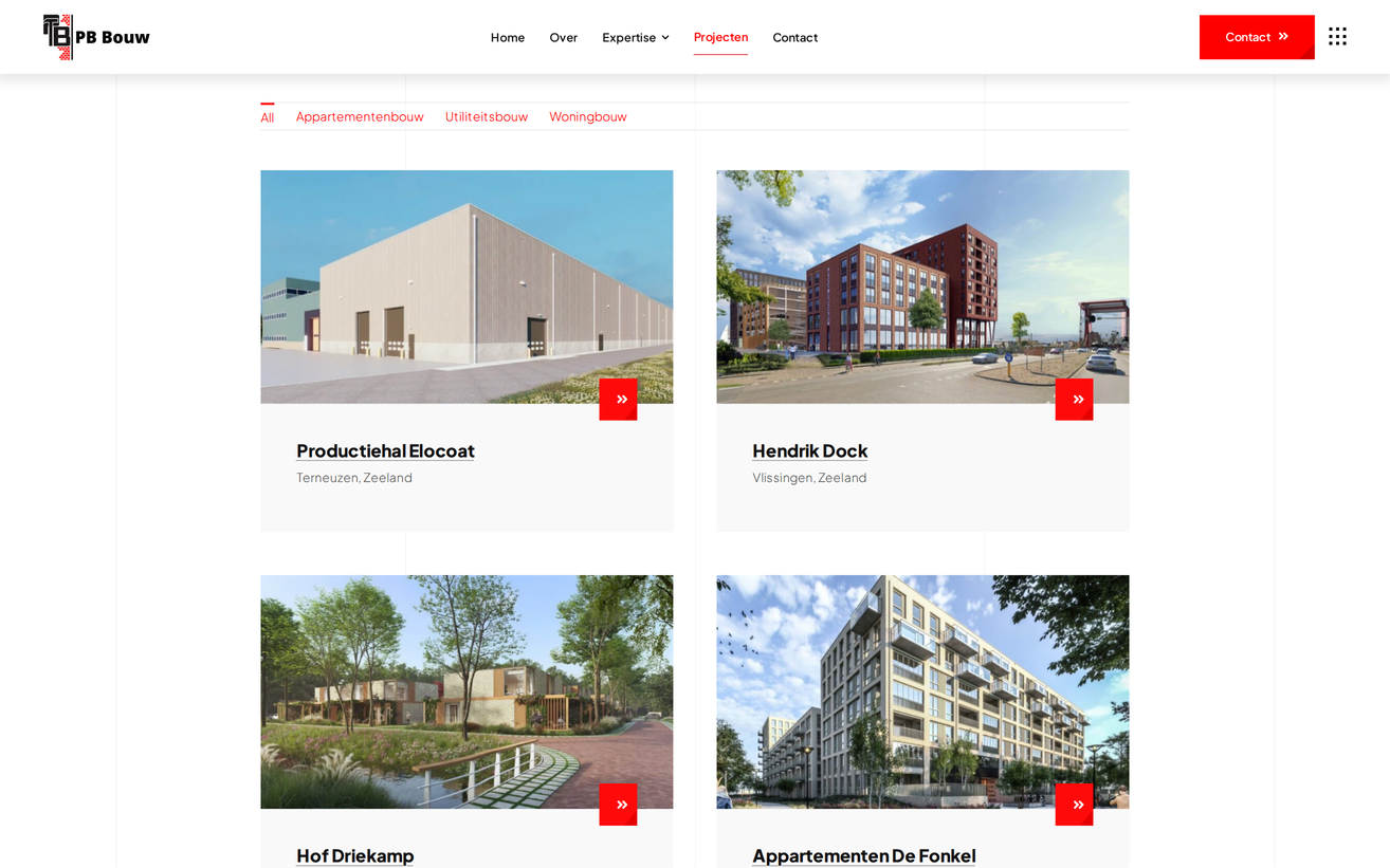 Project PB Bouwbedrijf B.V. van Zeeuwsweb: het projectportfolio, met filters op appartementen-, utiliteits- en woningbouw