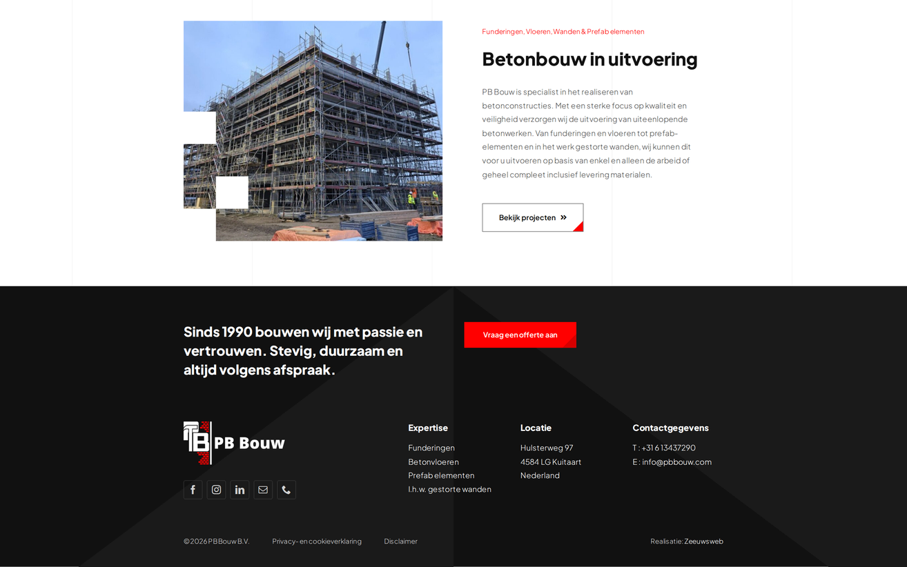 Project PB Bouwbedrijf B.V. van Zeeuwsweb: Betonbouw in uitvoering op de expertisepagina, met de footer eronder