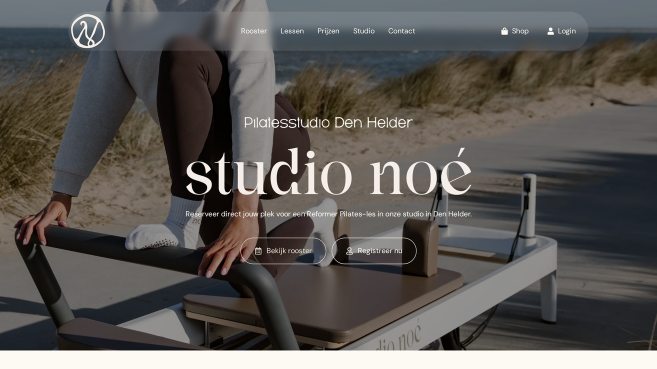 Project Studio Noé van Zeeuwsweb: de homepage van de website, van de foto op het strand langs het lesaanbod en de slogan