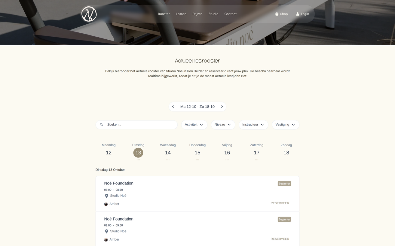 Project Studio Noé van Zeeuwsweb: het actuele lesrooster op de website, met een weekoverzicht en de lessen van de gekozen dag
