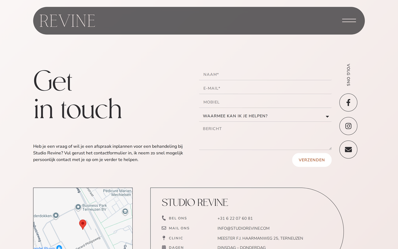 Project Studio Revine van Zeeuwsweb: de contactpagina met formulier, kaart en contactgegevens op een roze kleurverloop