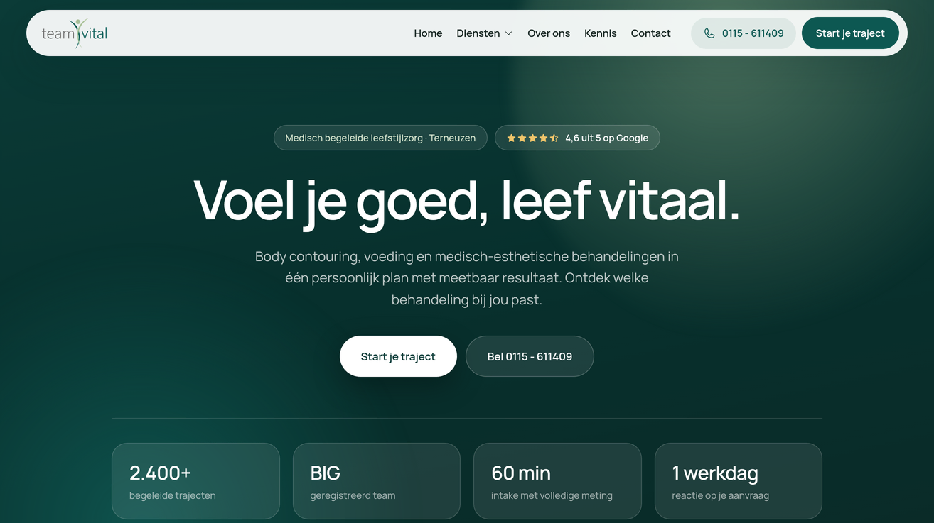 Project Team Vital van Zeeuwsweb: de homepage met de kop Voel je goed, leef vitaal en het menu met de behandelingen