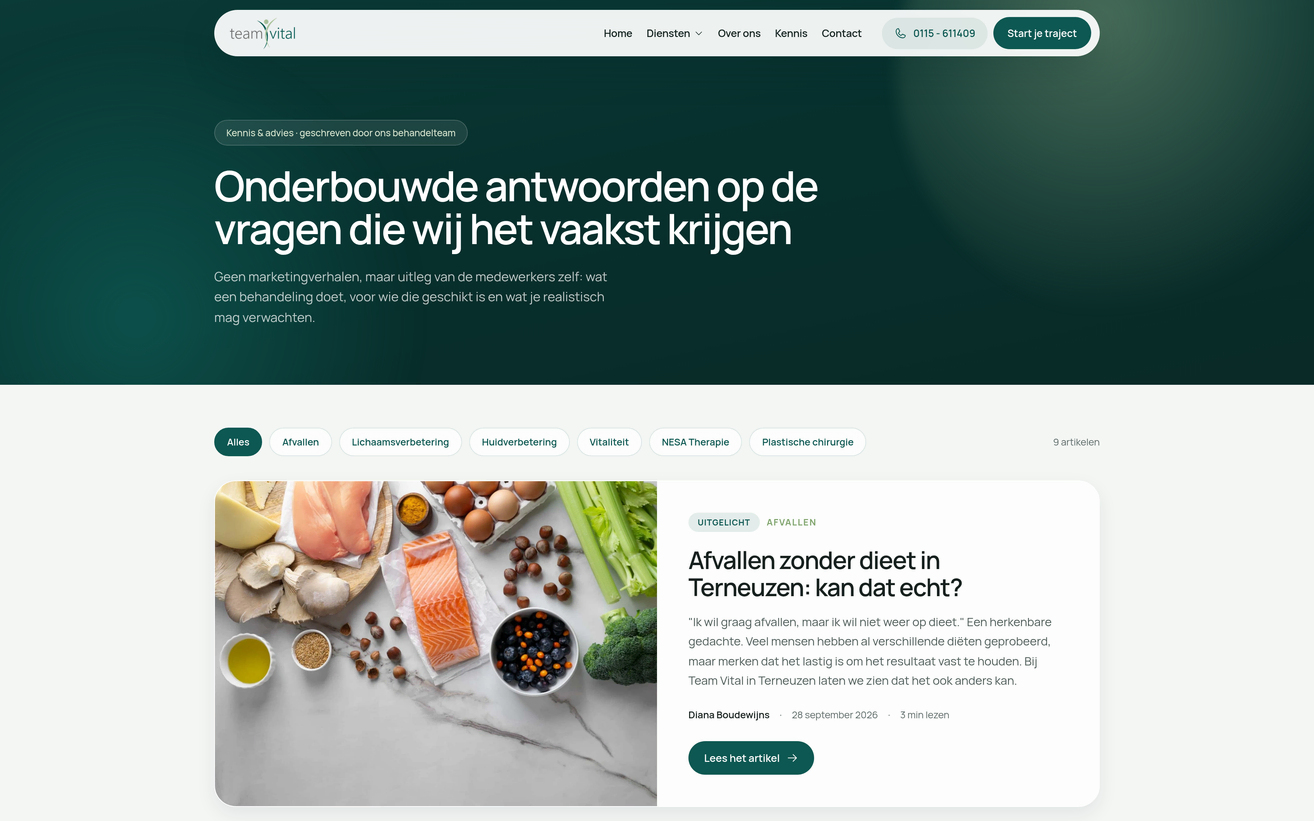 Project Team Vital van Zeeuwsweb: de kennisblog Kennis & advies, met filters per onderwerp en een uitgelicht artikel