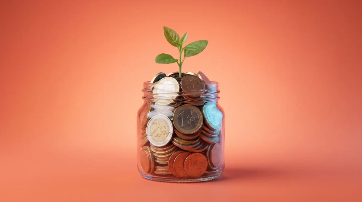 Een glazen pot met munten waar een plantje uit groeit, als beeld bij de kosten van SEO