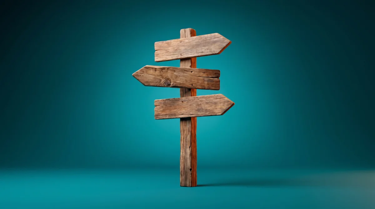 Een houten wegwijzer met drie borden, als beeld bij de keuze tussen een webbureau, internetbureau of freelancer
