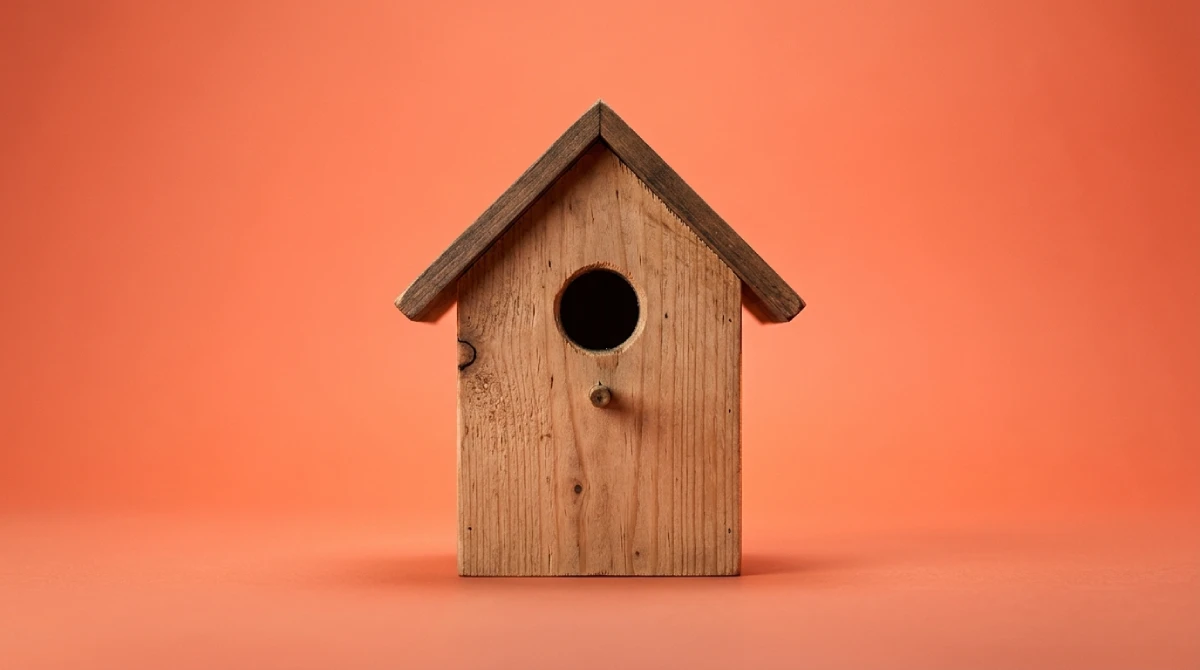 Een houten vogelhuisje met een rond invlieggat op een koraalkleurige achtergrond, als beeld bij website hosting kosten