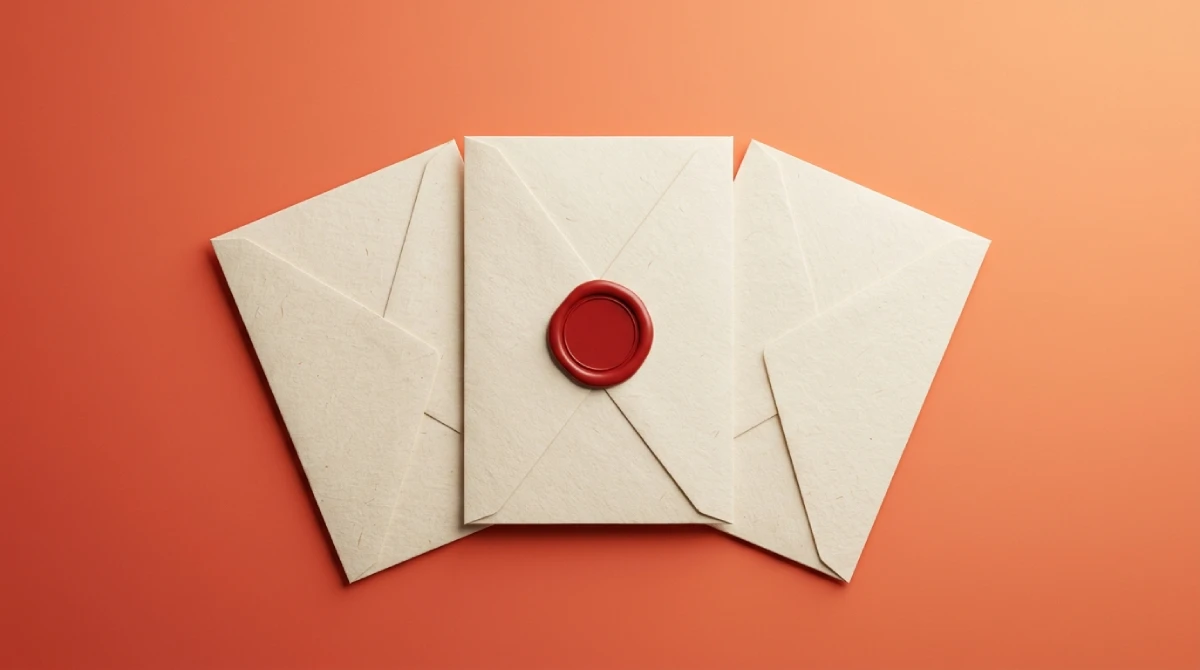 Drie enveloppen in een waaier, de middelste met een rood lakzegel, als beeld bij website laten maken: offerte vergelijken