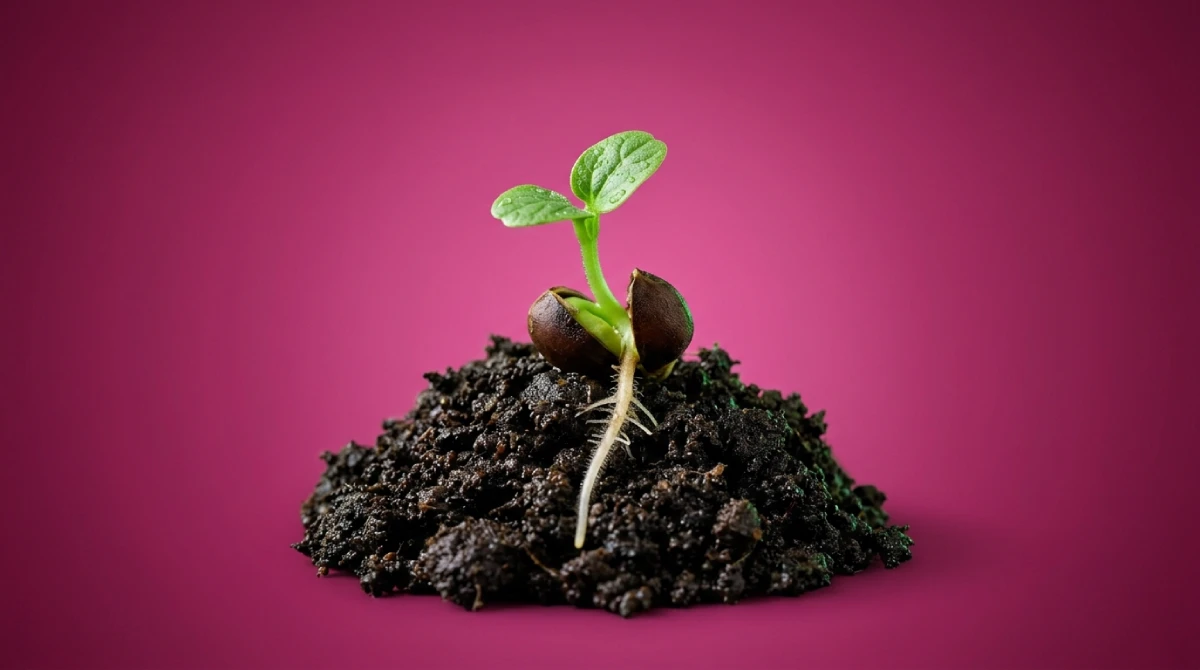 Een ontkiemend zaadje met een eerste groene scheut in aarde, als beeld bij een nieuwe website vindbaar maken in Google
